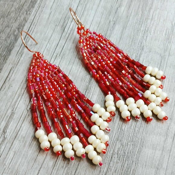 Christmas Beaded Fringe Dangle Earrings, Red & White, 3" - Picture 6 of 8